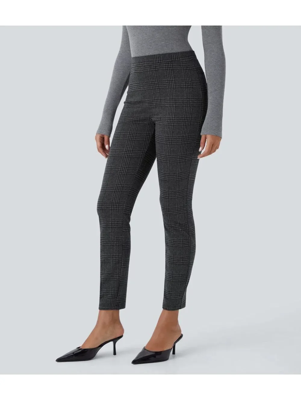 Halara Flex High Waisted Houndstooth Plaid Skinny Pants Charcoal Black Size L
